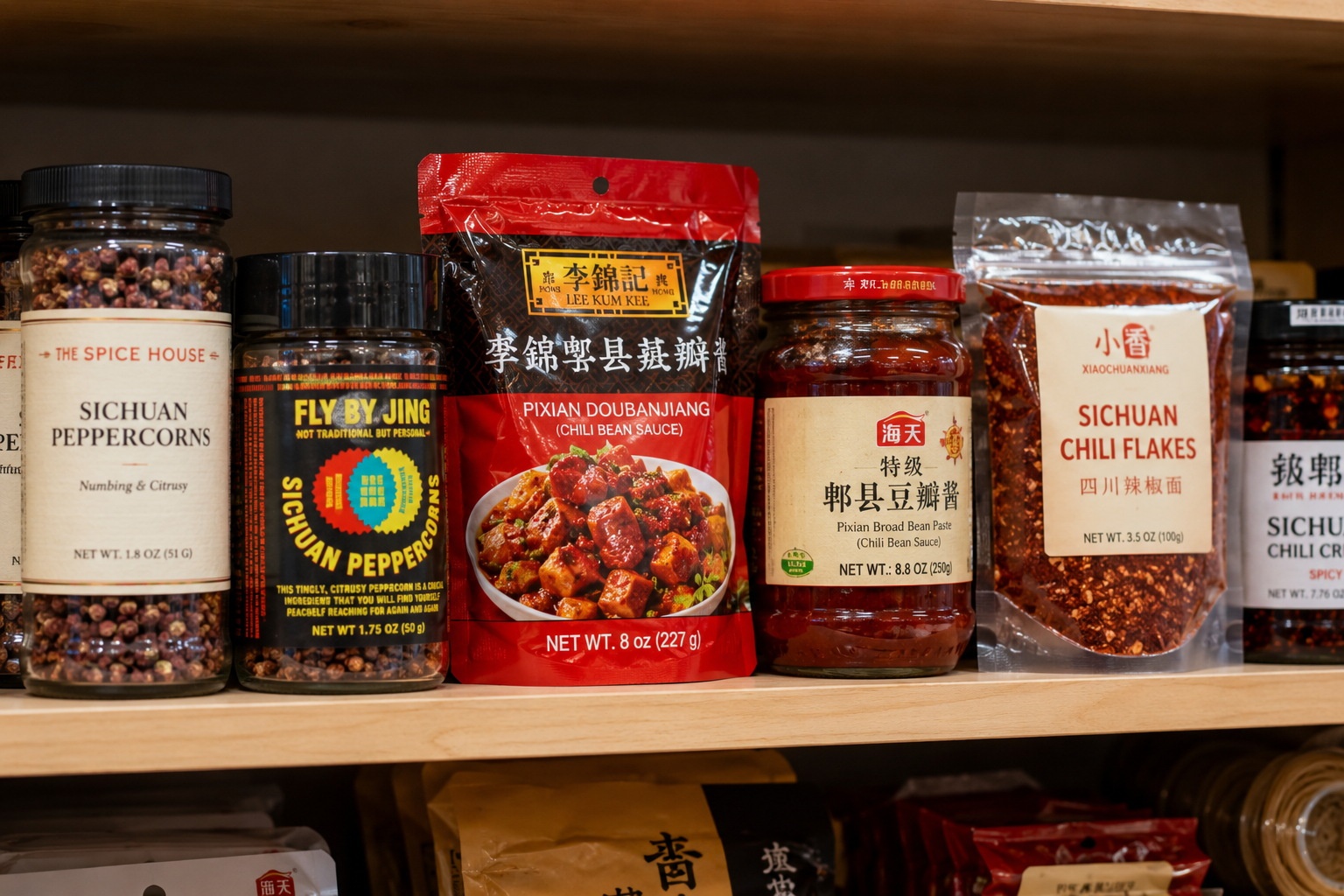 Shelves in a modern supermarket displaying various authentic Sichuan ingredients like peppercorns and fermented bean paste, showing the globalization of Chinese food supply chains.