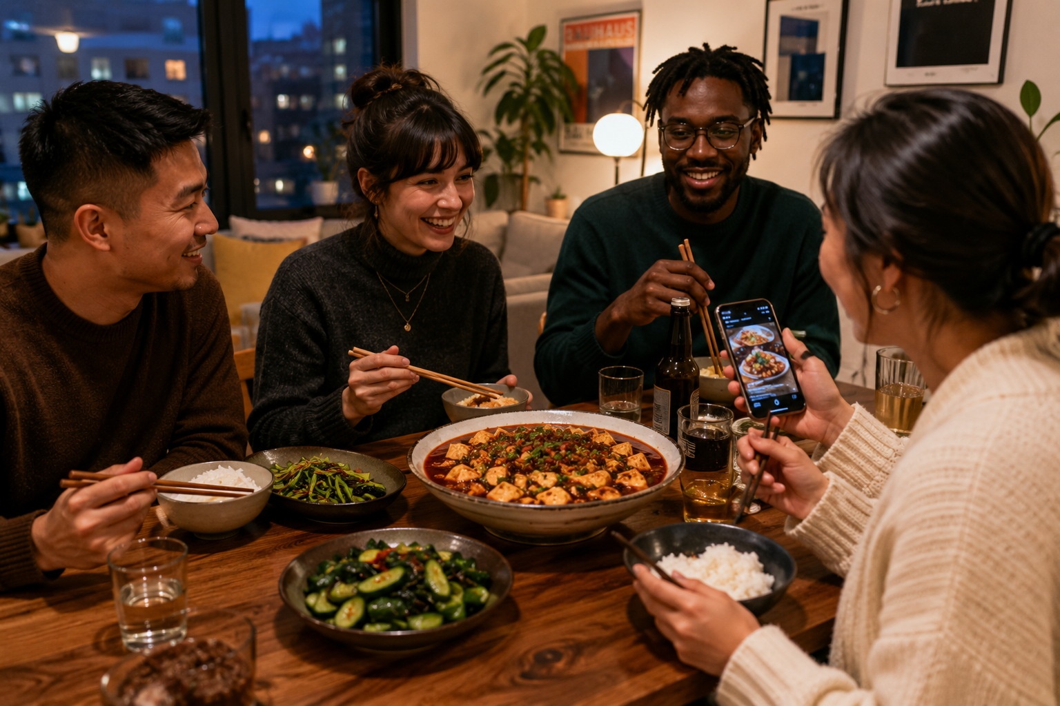 A diverse group of friends enjoying a shared meal of mapo tofu in a modern apartment, symbolizing cross-cultural connection through food.