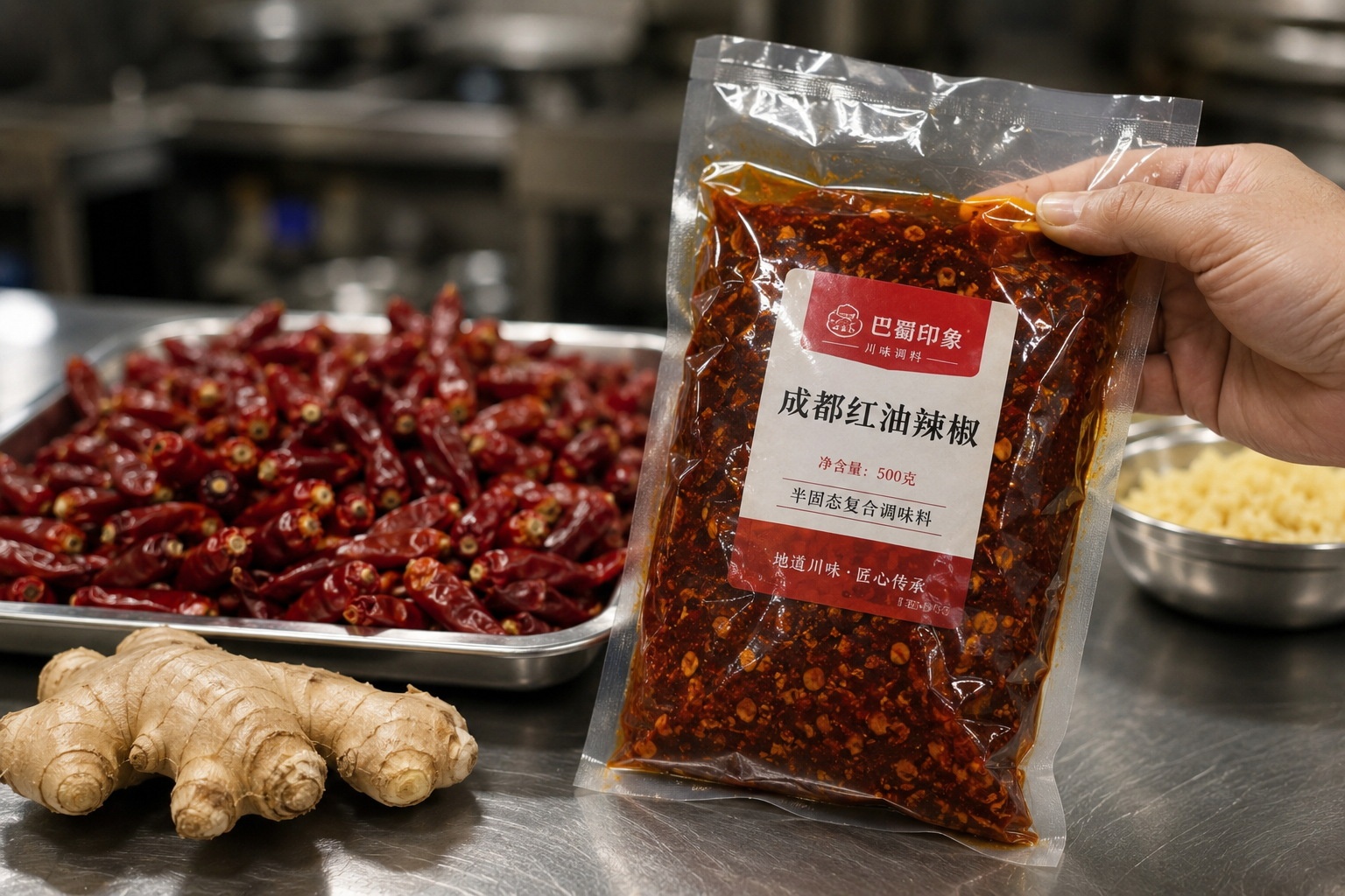 A close-up view of a vacuum-sealed pre-made sauce packet next to fresh ingredients in a Chinese restaurant kitchen, highlighting the contrast between industrial food packaging and traditional cooking.