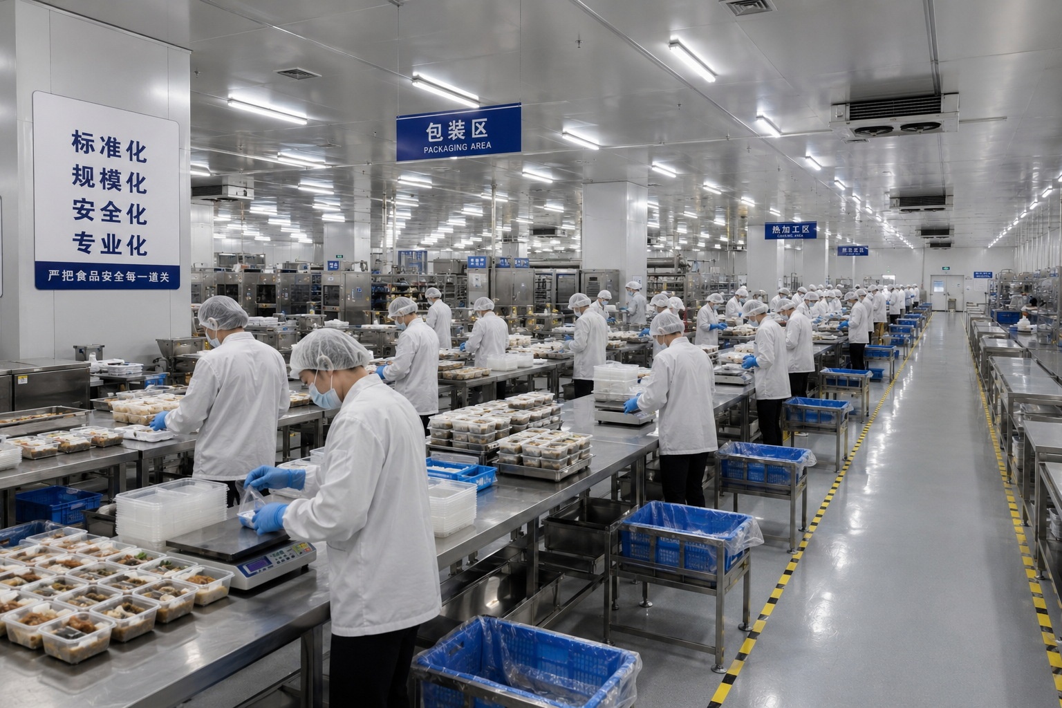 Workers in a large-scale central kitchen facility packaging pre-prepared meals, illustrating the industrial side of China's food supply chain.