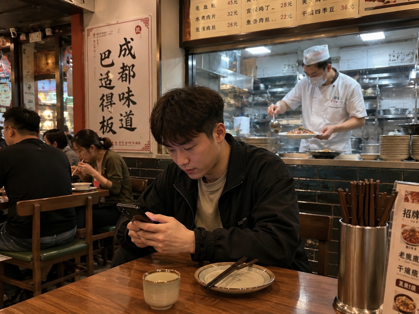 A customer waiting for food in a Chinese restaurant while looking at a phone, with a chef visible in the background, reflecting the modern dining experience.