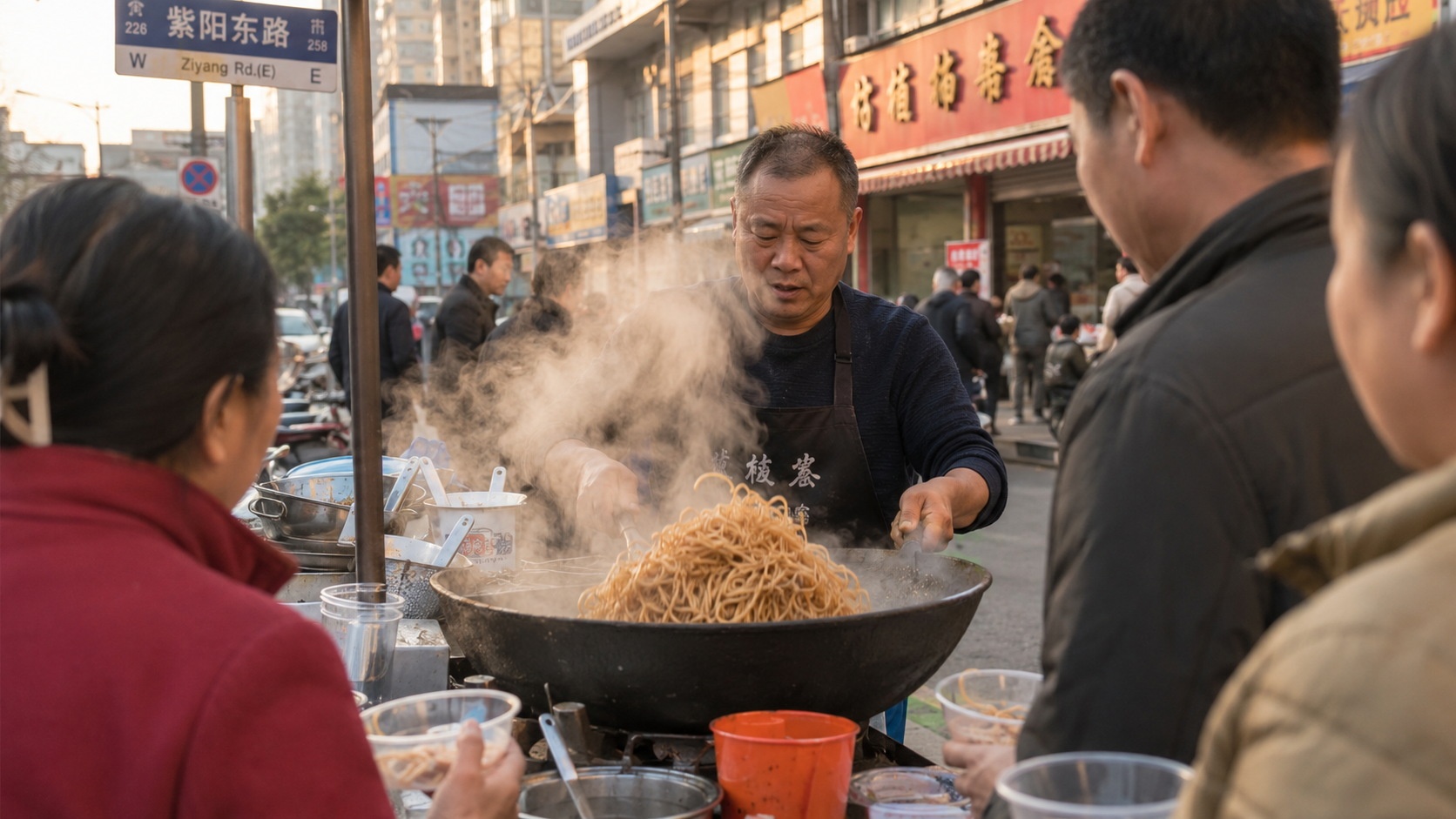 A street vendor in Wuhan serving hot dry noodles to customers on the street in the morning.