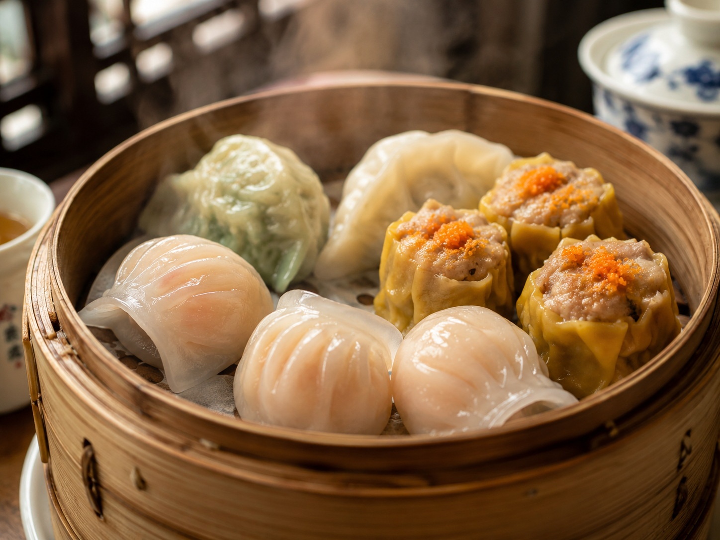 A bamboo steamer basket filled with fresh Cantonese dim sum including shrimp dumplings and pork buns.