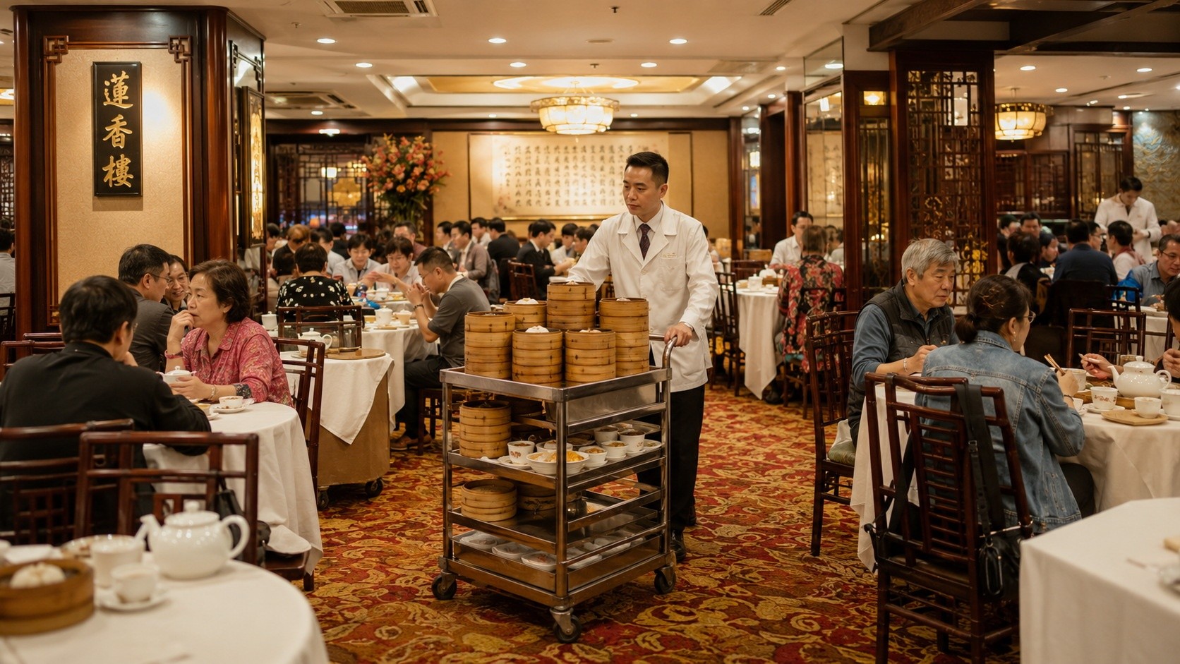 A waiter pushing a dim sum cart through a busy traditional tea house in Guangzhou.