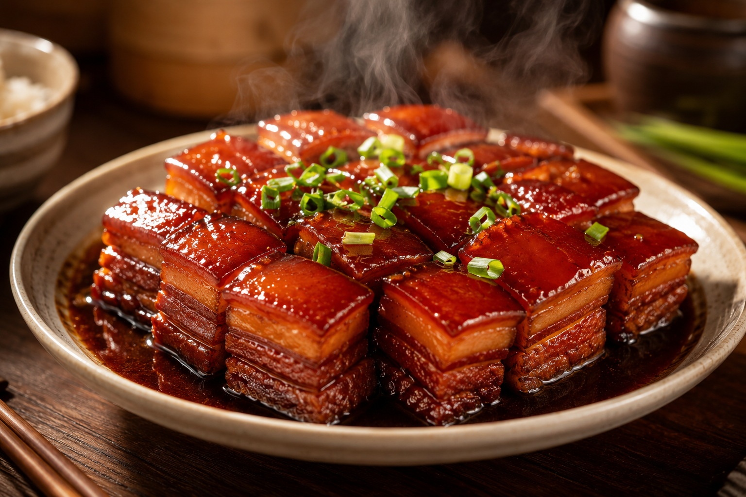 A close-up photo of traditional Chinese red-braised pork belly, a popular hard dish for family gatherings.