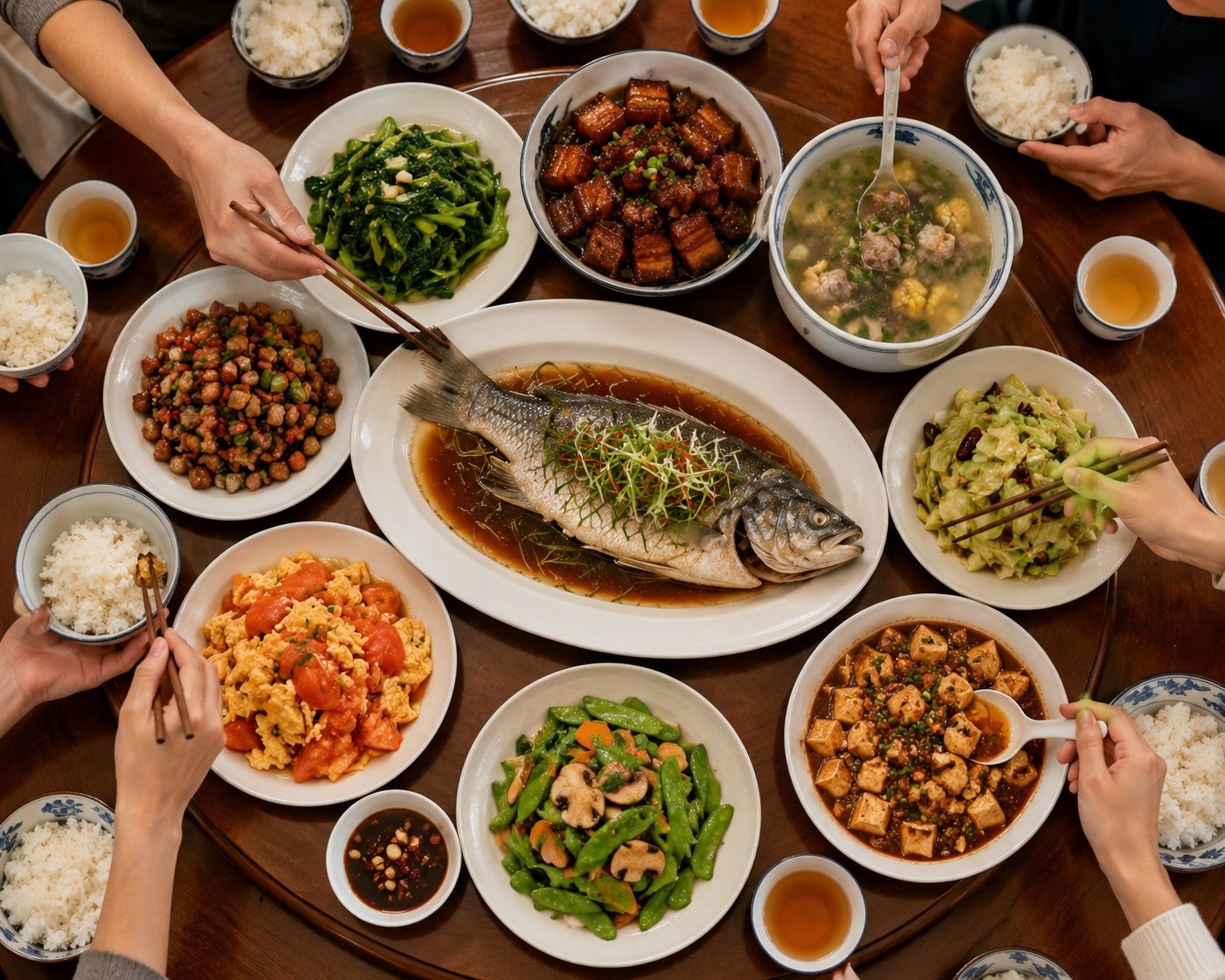 Communal Chinese dinner table featuring a whole steamed fish and various side dishes, illustrating sharing culture.