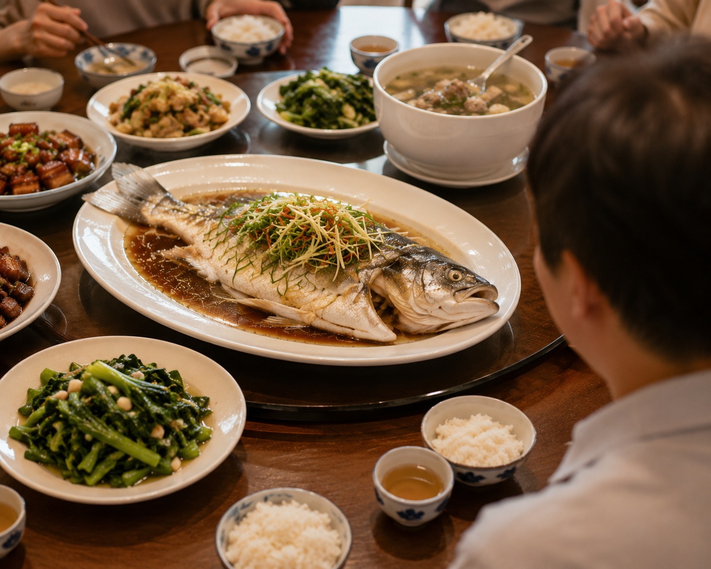 Whole steamed fish served at a Chinese family dinner, symbolizing abundance and surplus.