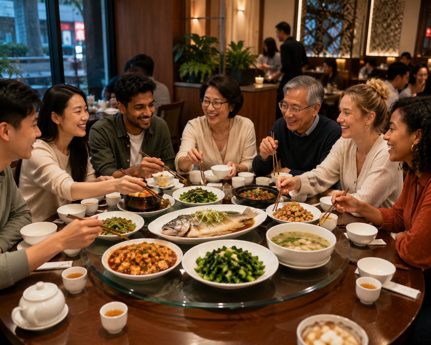 People enjoying a shared meal at a Chinese restaurant, highlighting social connection and dining culture.