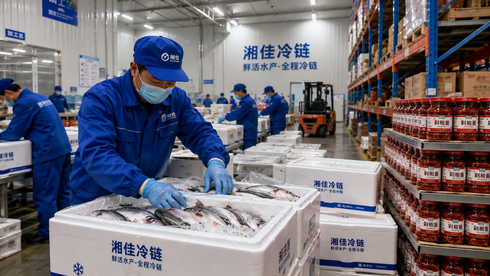 Workers packing fresh fish and chili paste in a modern Chinese cold-chain logistics warehouse.