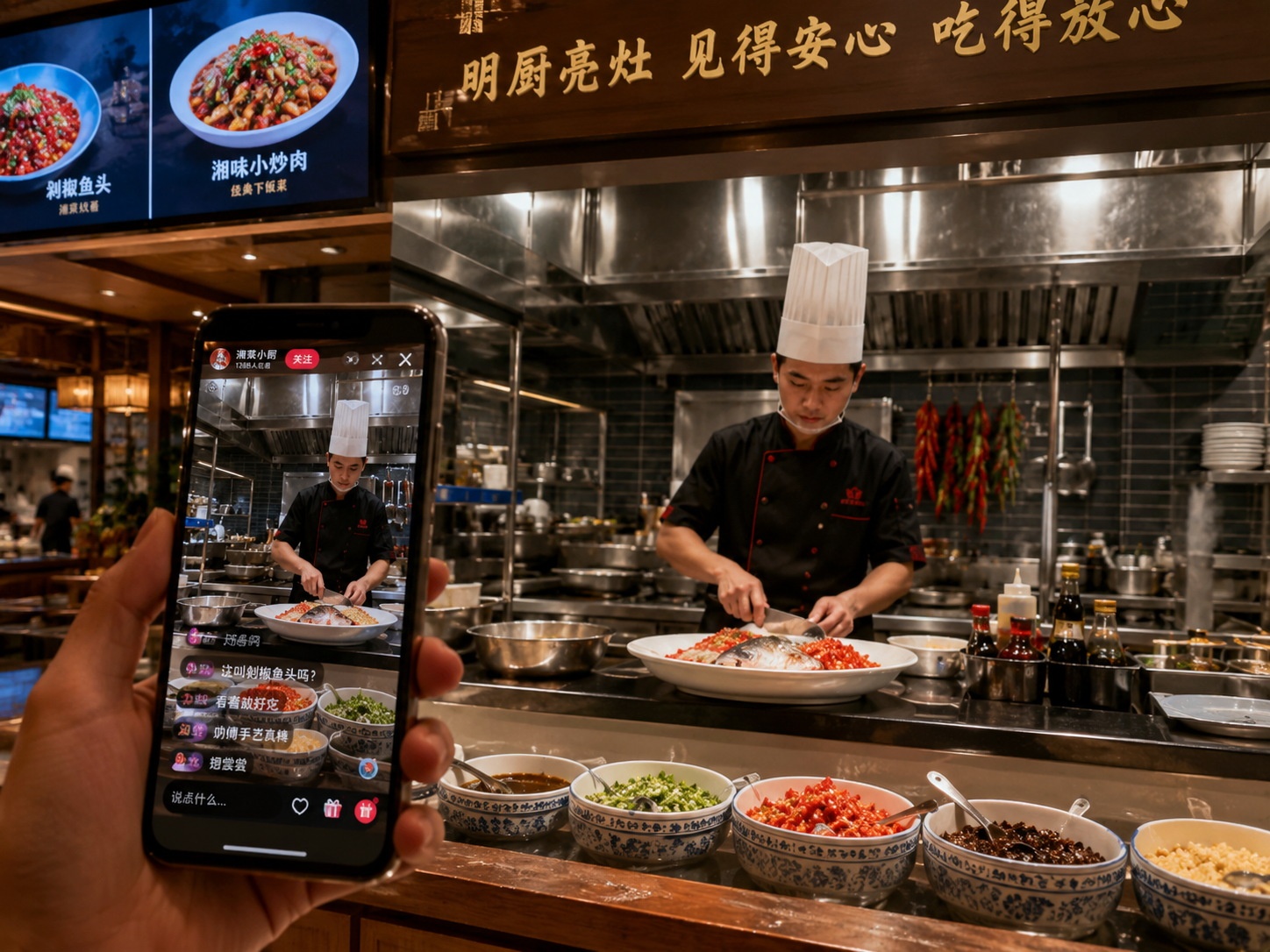 Chef preparing food in an open kitchen while being live-streamed by a customer.