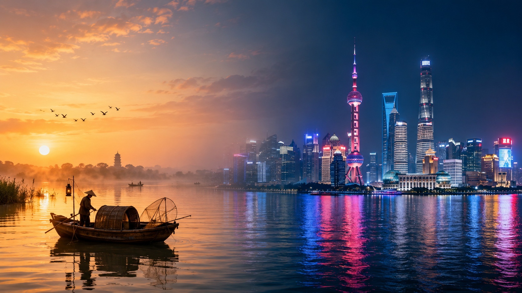 A visual representation of the journey from Dongting Lake to a modern Chinese city skyline.