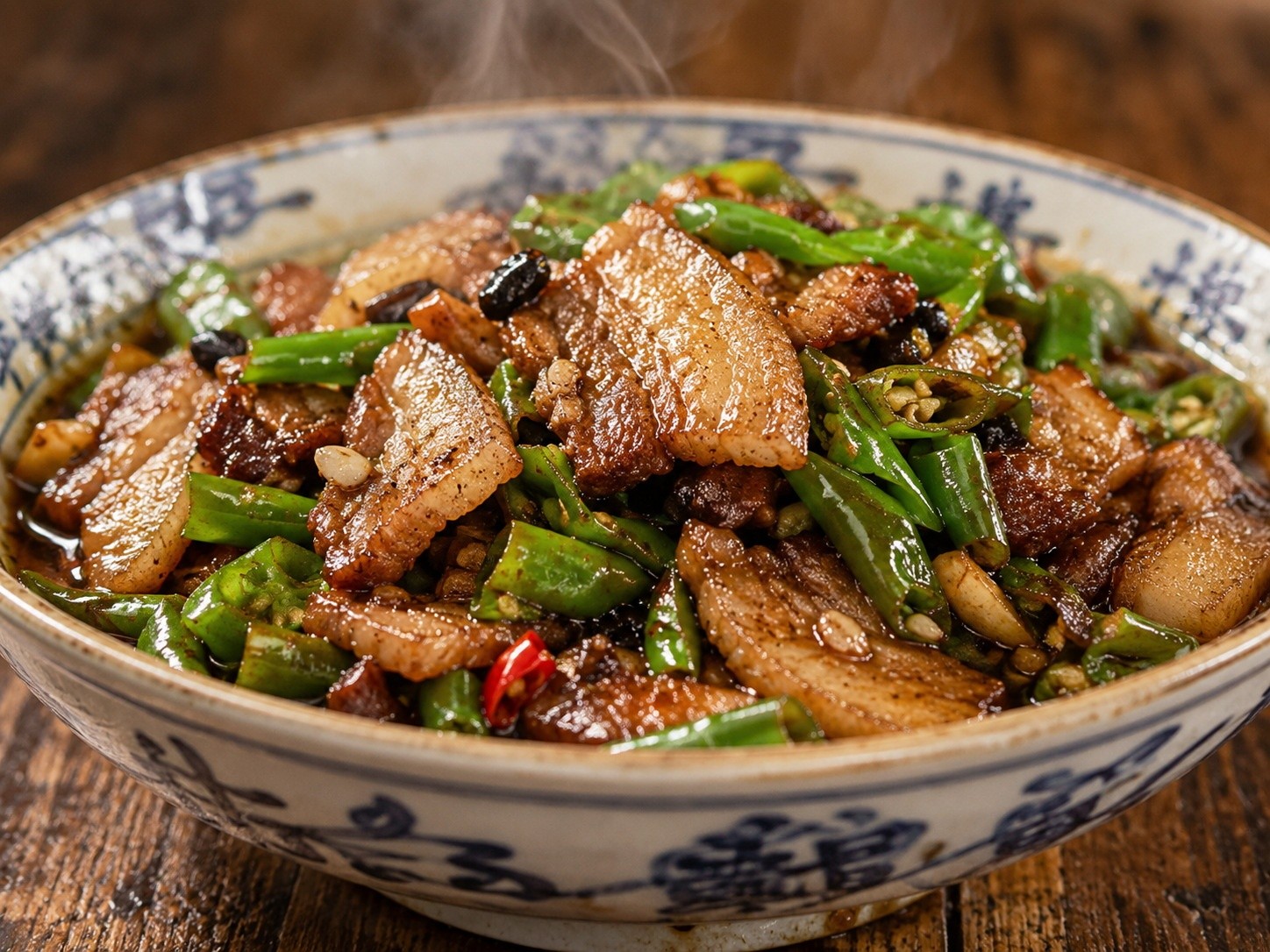 Close-up of Nongjia Yiwangxiang dish with pork belly and chilies in a ceramic bowl