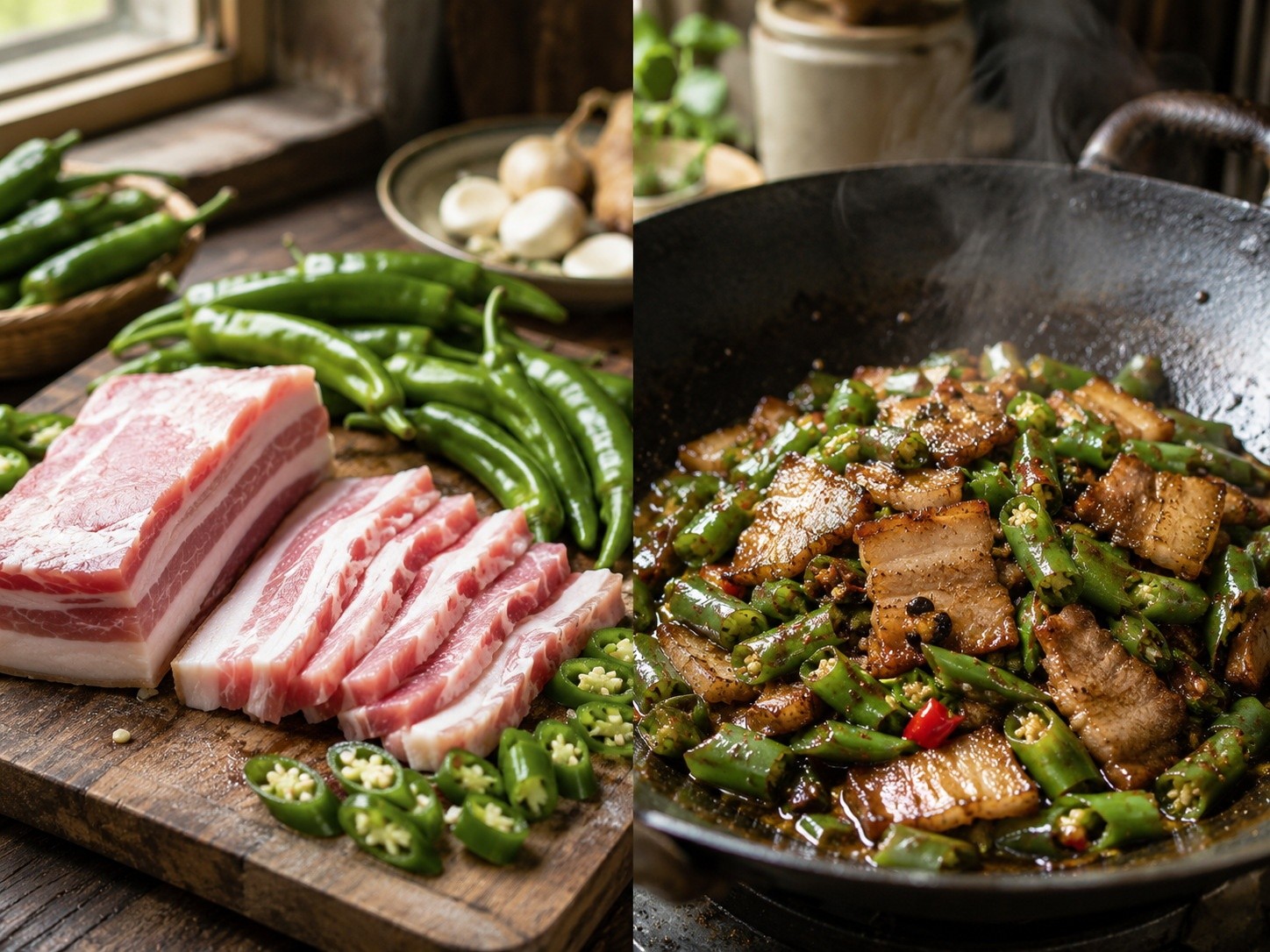 Fresh ingredients of pork and chili peppers next to the cooked Nongjia Yiwangxiang dish