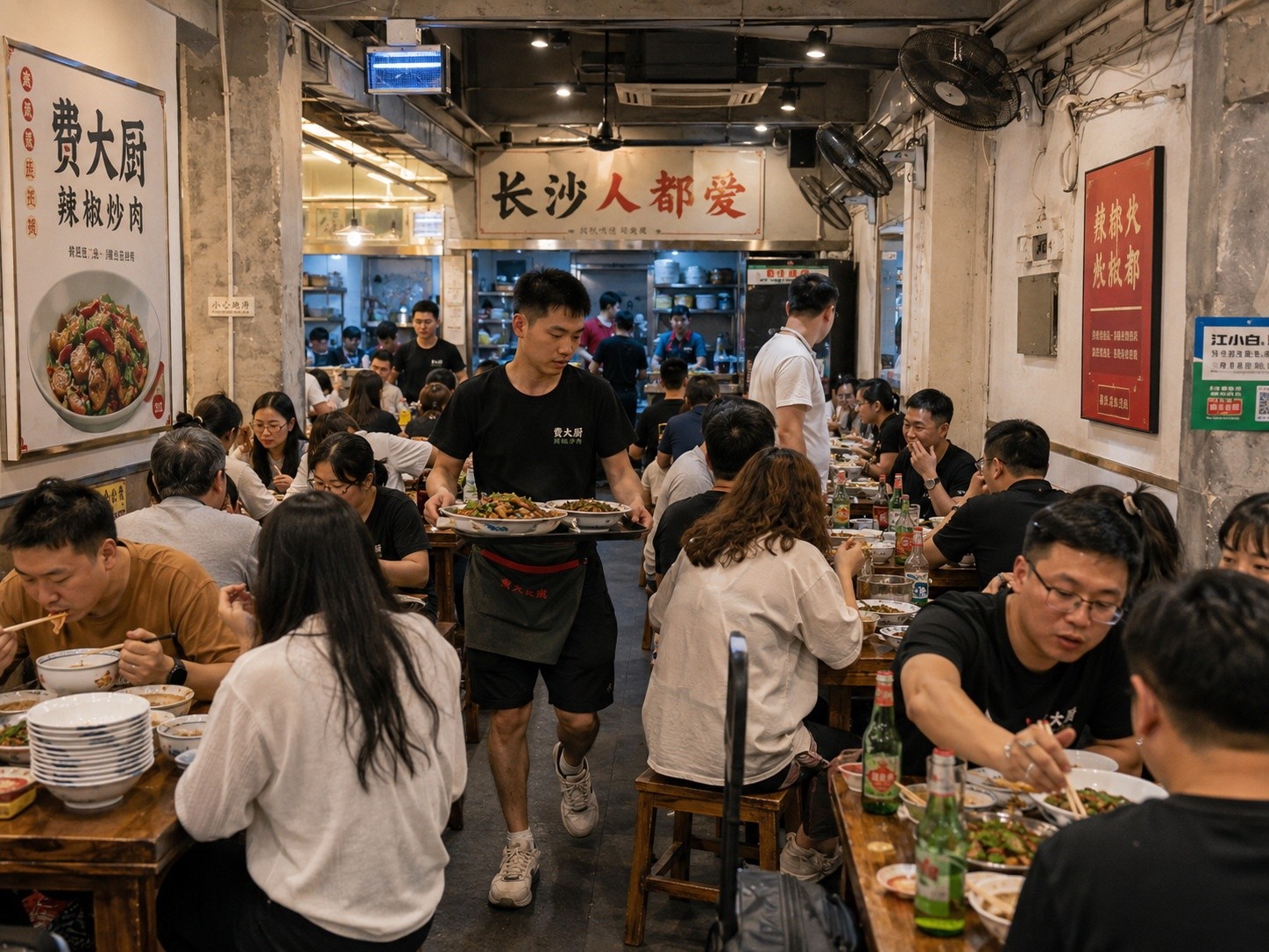 Bustling interior of a local restaurant in Changsha with diners enjoying home-style meals