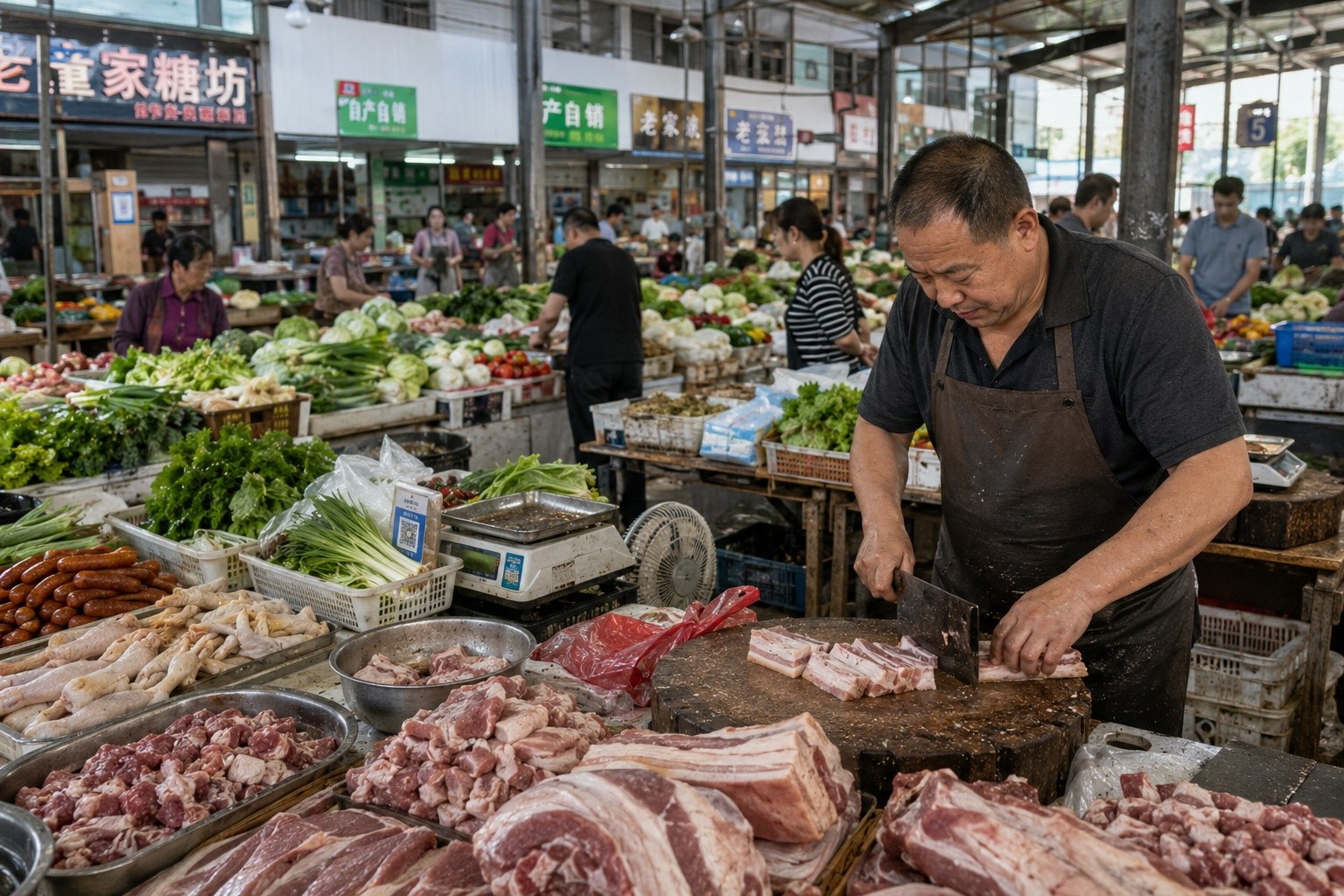 A vendor at a traditional Chinese wet market in Jiangsu manually chopping pork for Lion's Head meatballs, surrounded by fresh produce.