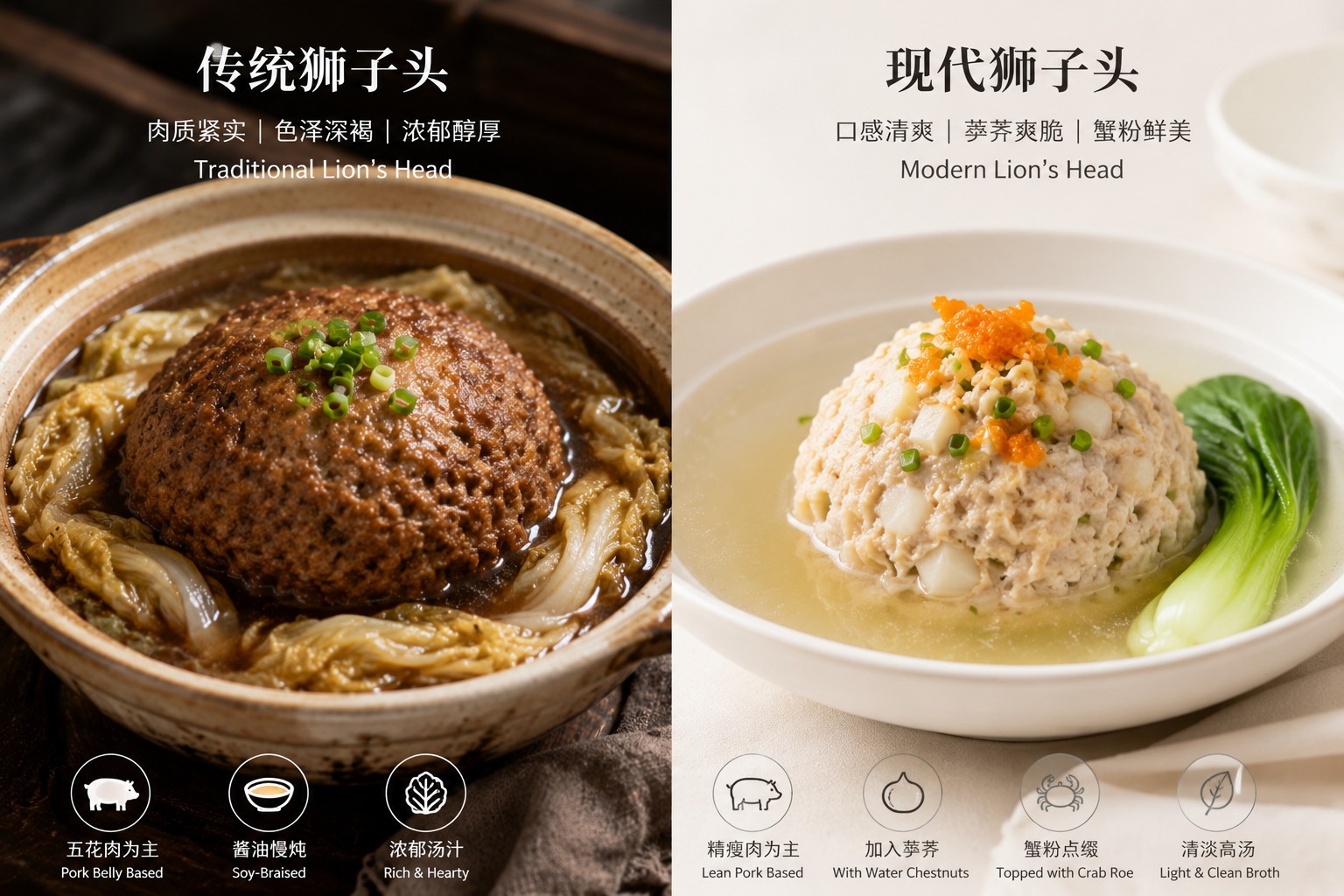 Comparison between traditional heavy Lion's Head and modern lighter versions with added ingredients like water chestnuts.