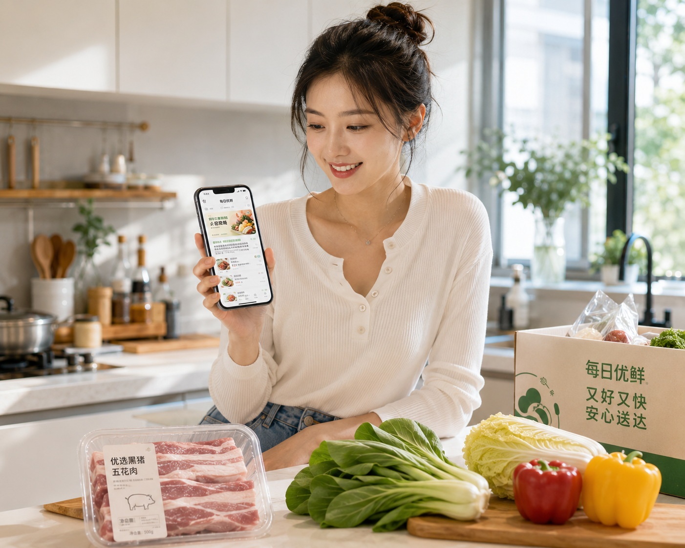 A young professional in China using a mobile app to order ingredients for cooking traditional dishes at home.
