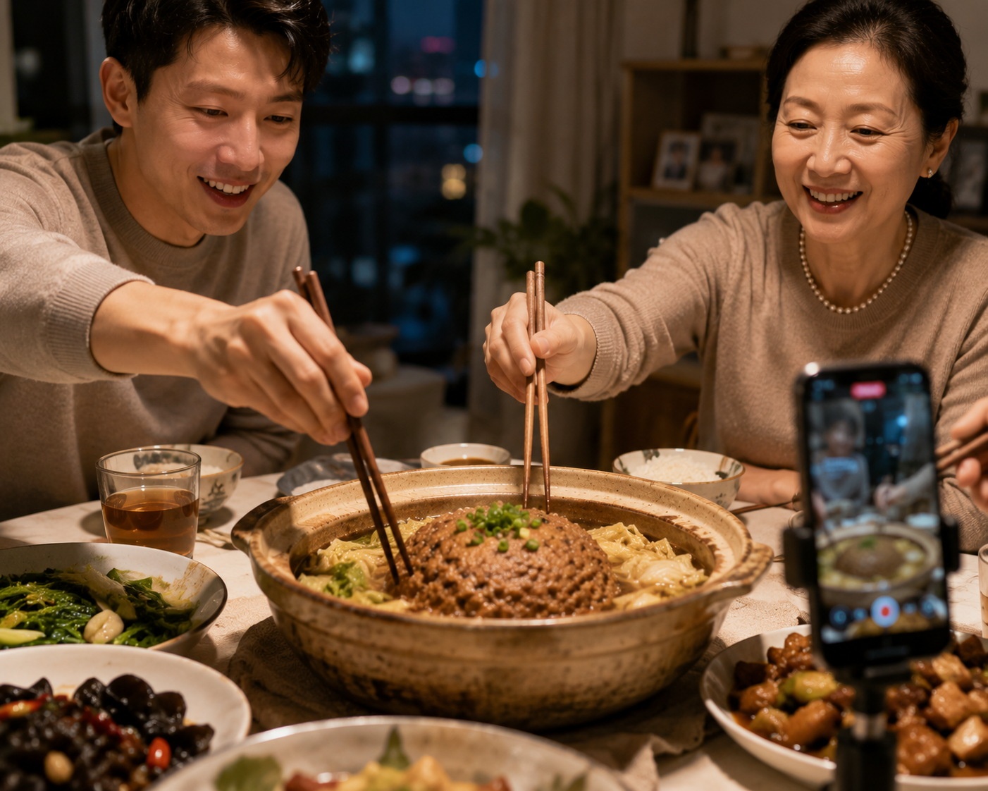 A multi-generational family sharing a meal of Lion's Head meatballs in a modern home, capturing the blend of tradition and modern family life.