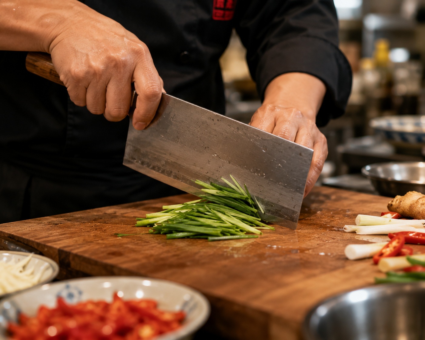 A Chinese chef demonstrating precise knife skills by slicing vegetables with a traditional cleaver in a professional kitchen setting.