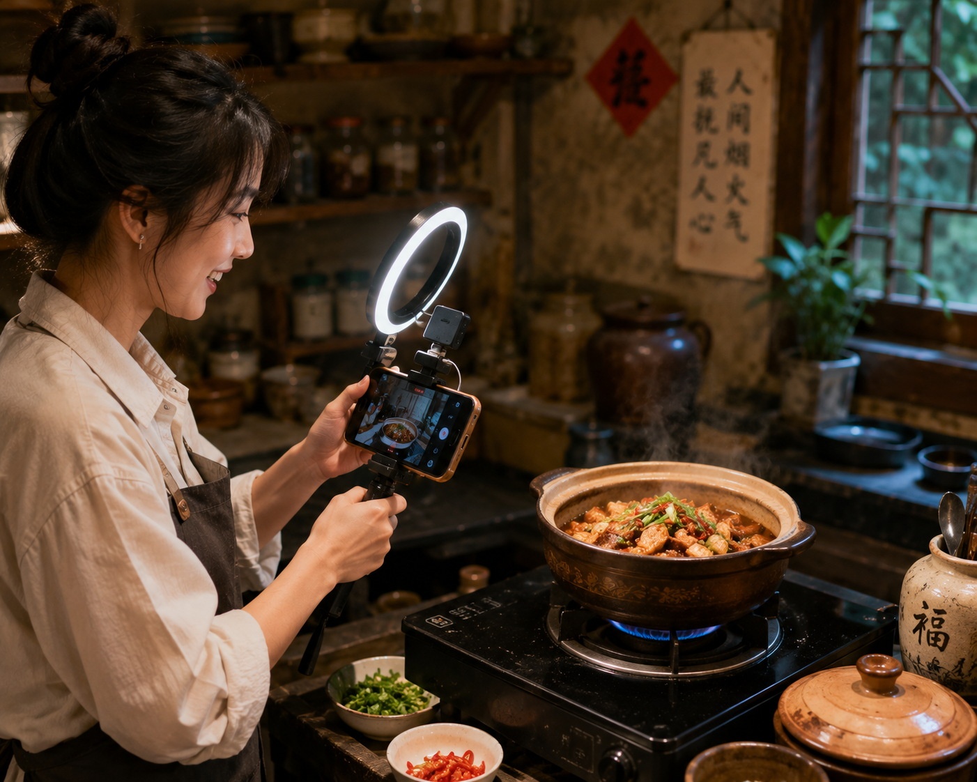 A young food blogger filming a traditional Chinese dish with a smartphone and ring light in a busy restaurant kitchen.