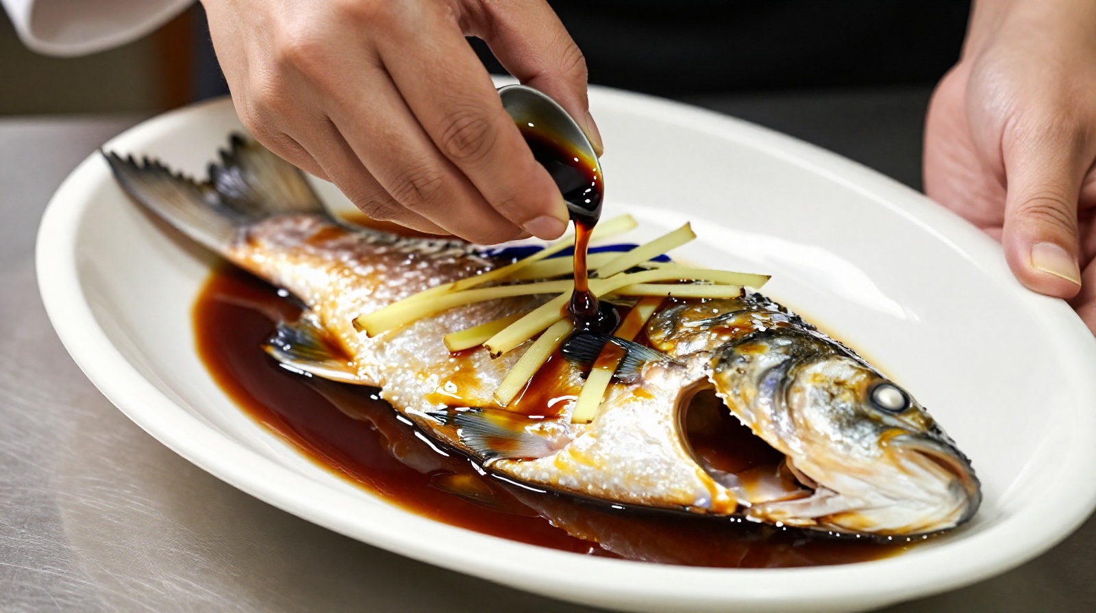 A chef pouring sweet and sour vinegar sauce over a freshly poached West Lake Vinegar Fish dish in a Hangzhou kitchen.