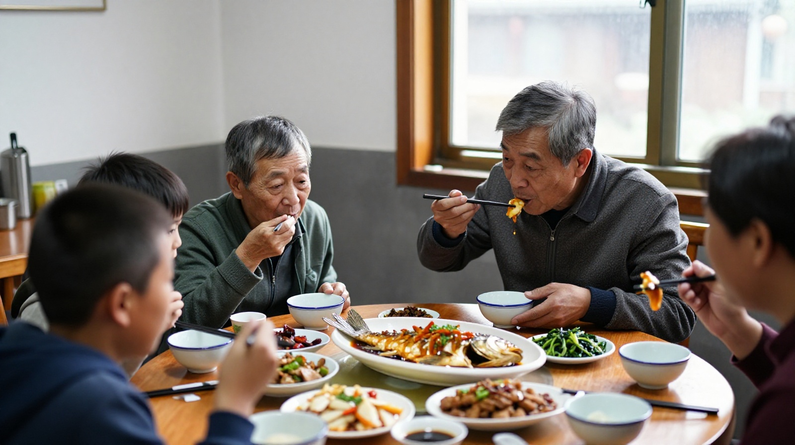 Local tourists enjoying a meal of West Lake Vinegar Fish at a traditional Hangzhou restaurant.