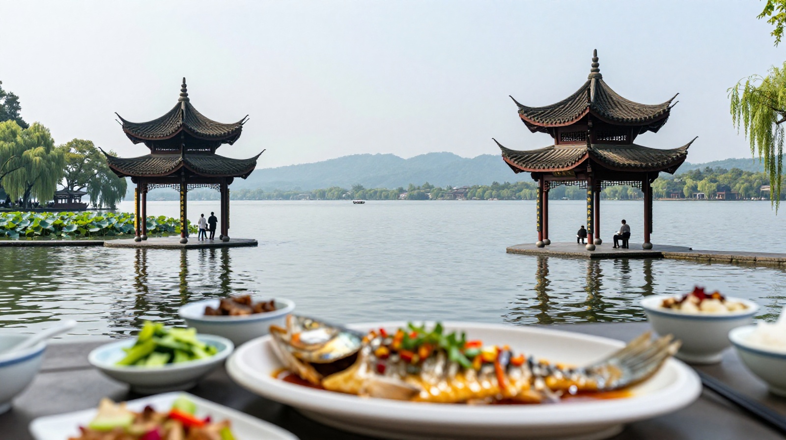 West Lake Vinegar Fish served with a view of Hangzhou's West Lake, blending cuisine with landscape.