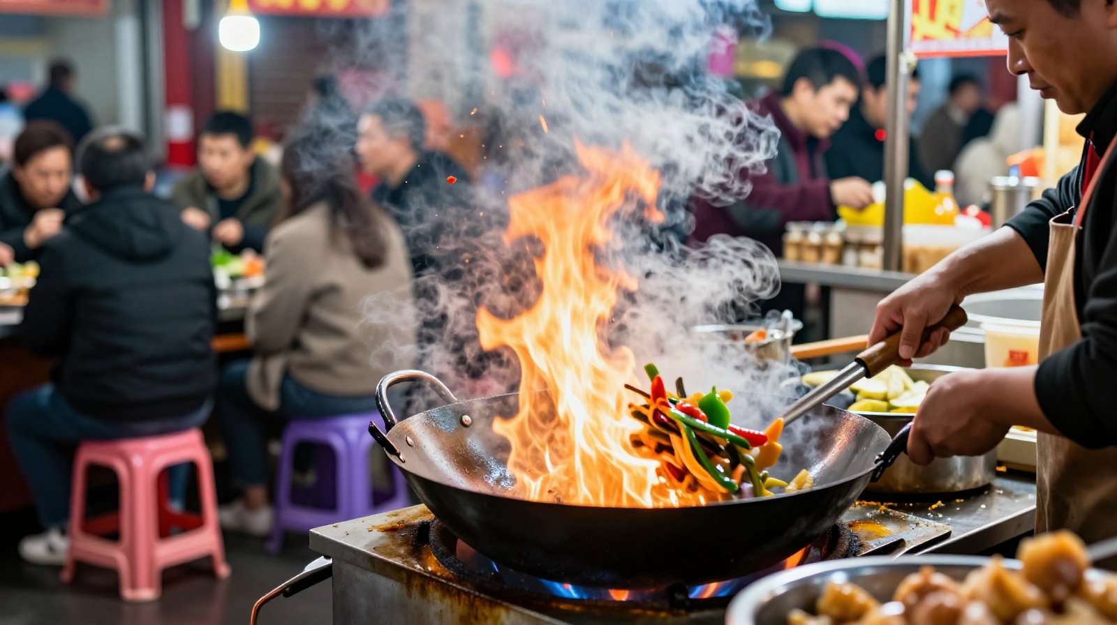 A busy Chinese street food vendor cooking with high flames in a wok, surrounded by customers sitting on plastic stools.