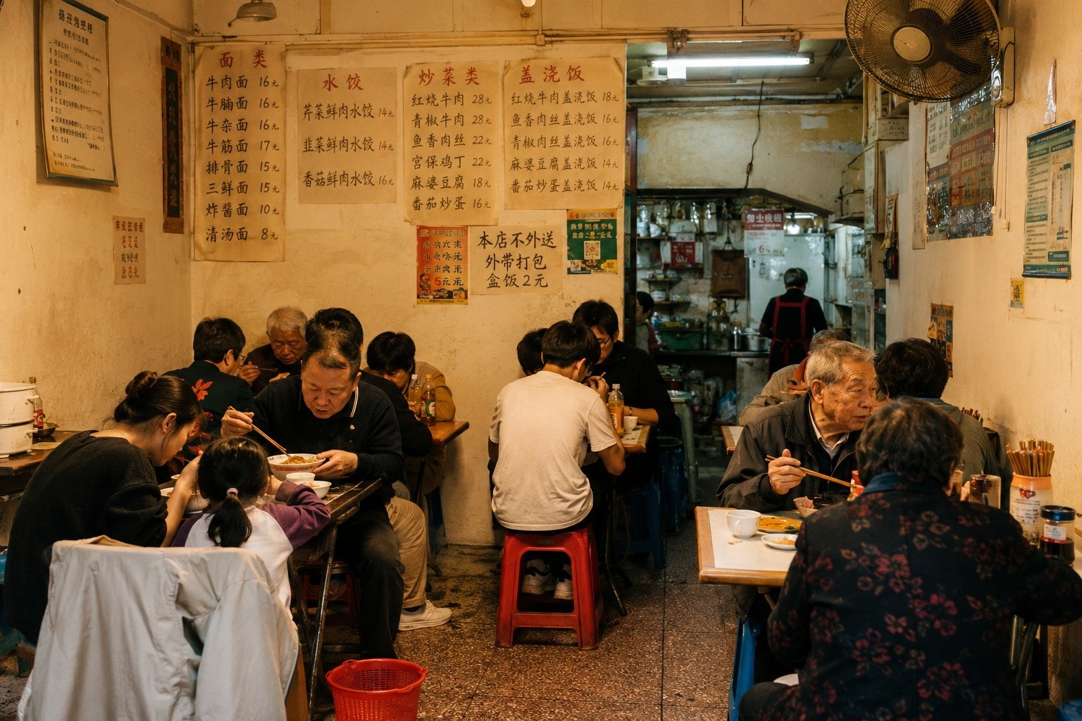 Interior of a typical Chinese 'Fly Restaurant' with handwritten menus and locals dining at crowded plastic tables.