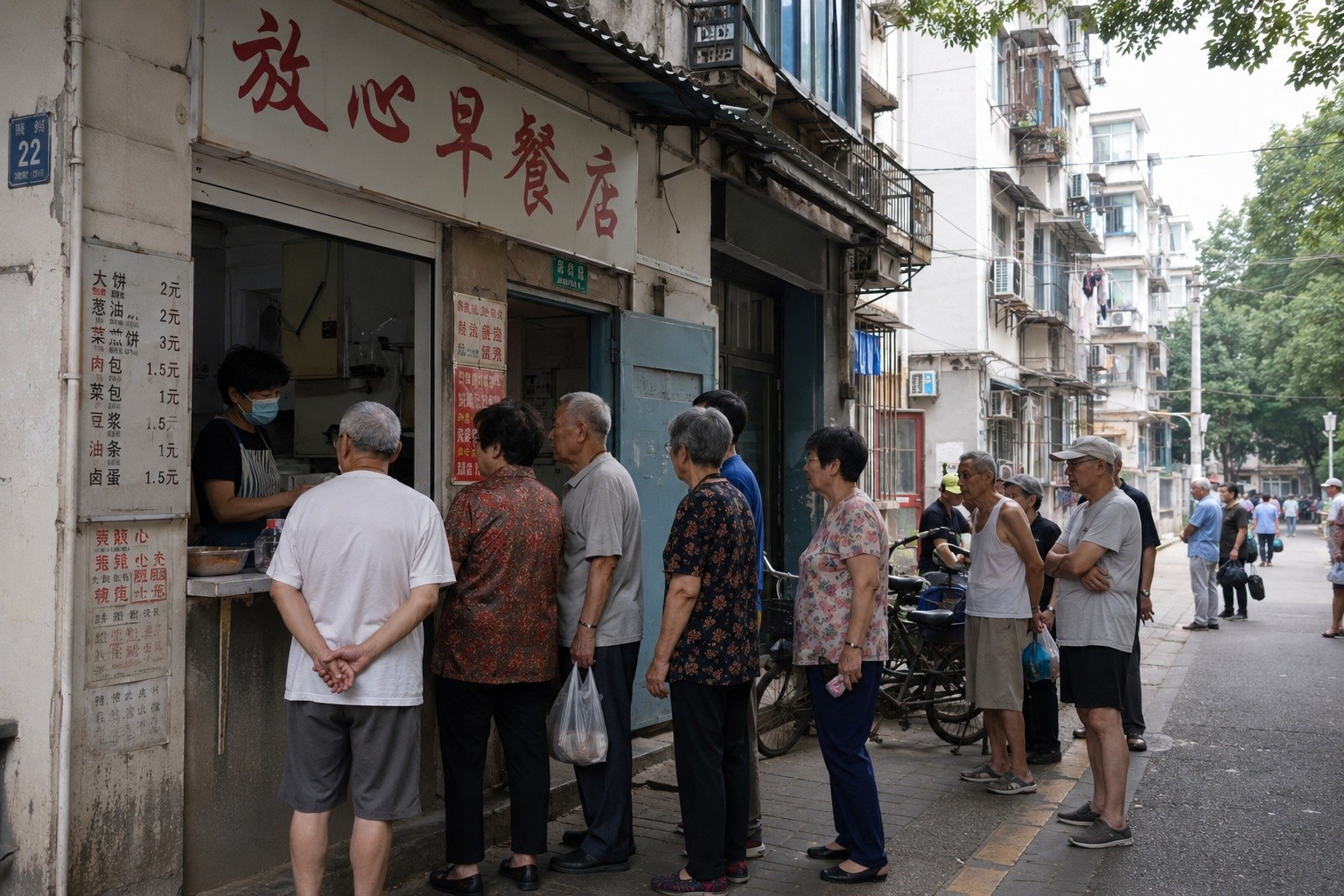 A line of elderly locals waiting outside a small, unassuming eatery in a Chinese residential neighborhood.