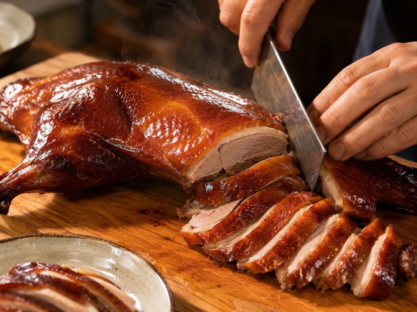 Close-up of a glossy roast goose being carved on a wooden board in a home kitchen, showing crispy skin and tender meat.