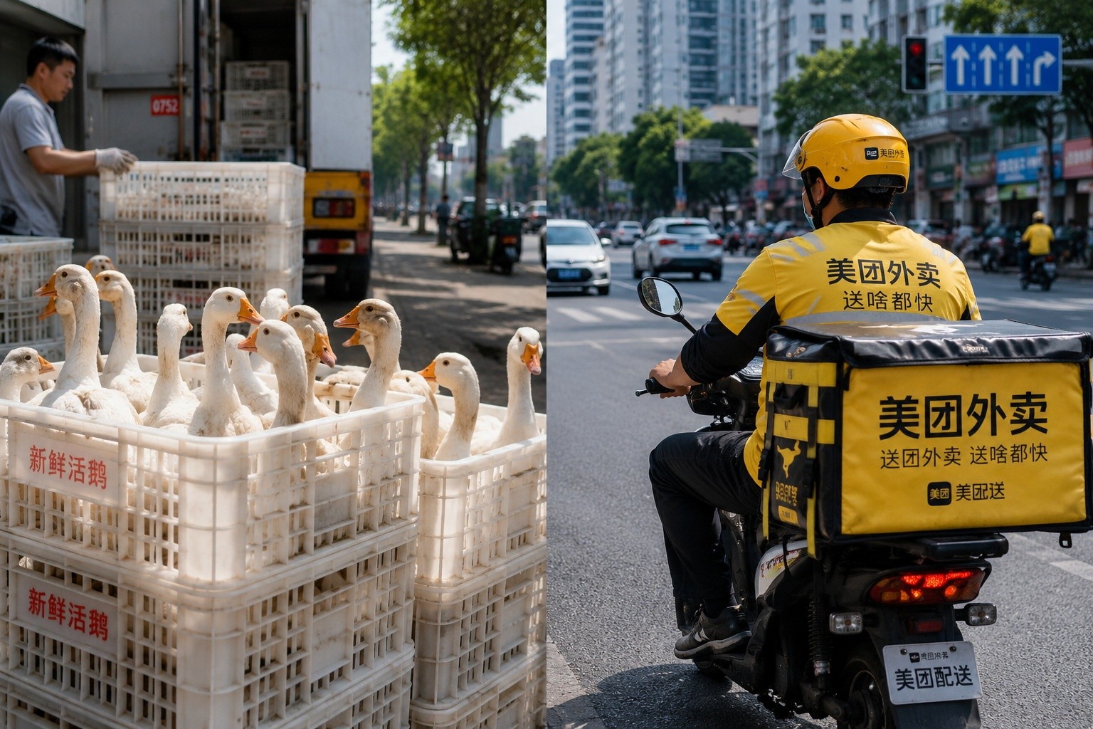 A delivery rider with a thermal bag ready to deliver roasted goose, highlighting the modern logistics of Chinese food distribution.