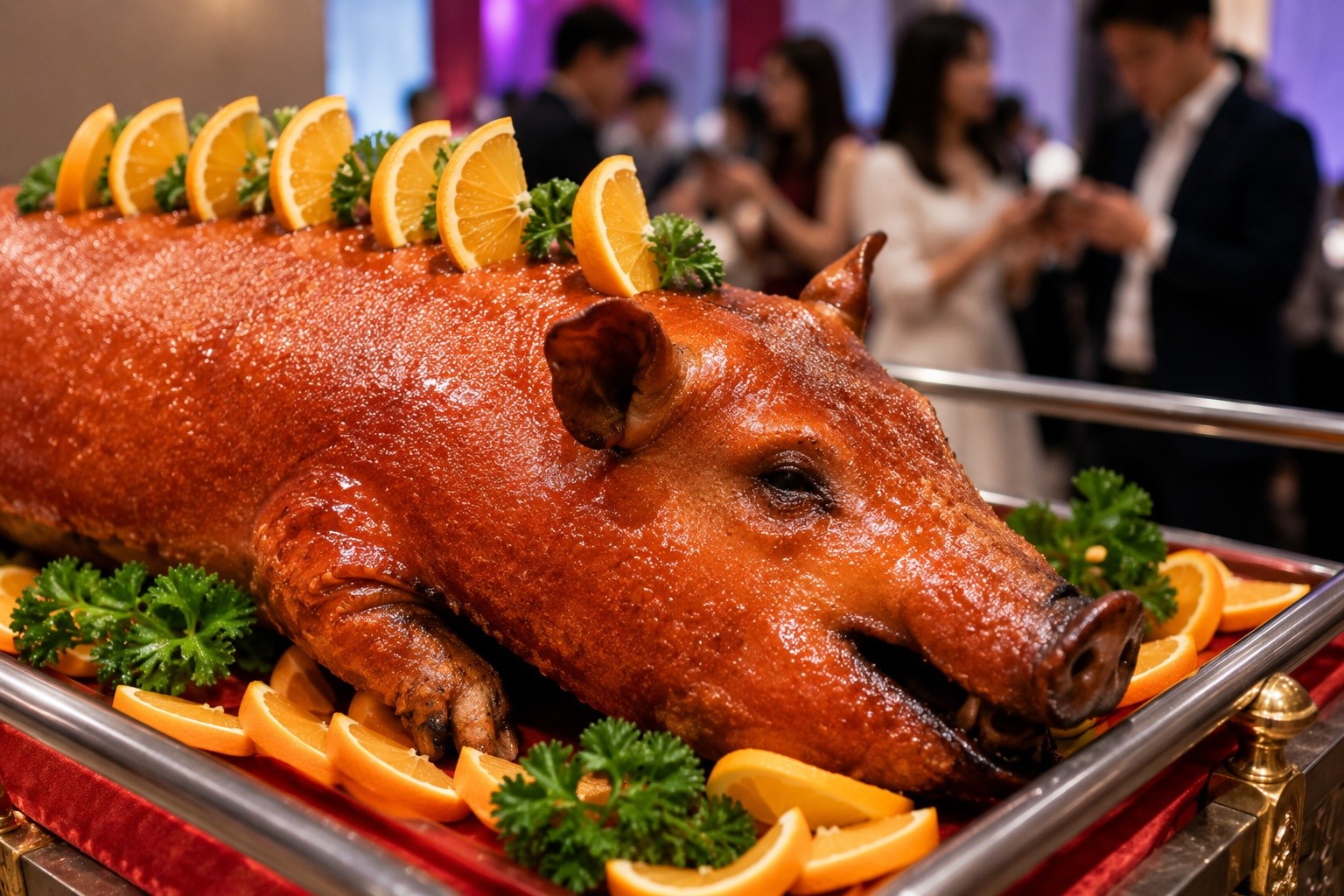 Close-up of a whole roasted suckling pig served at a Chinese wedding banquet, garnished with oranges, symbolizing traditional prosperity.