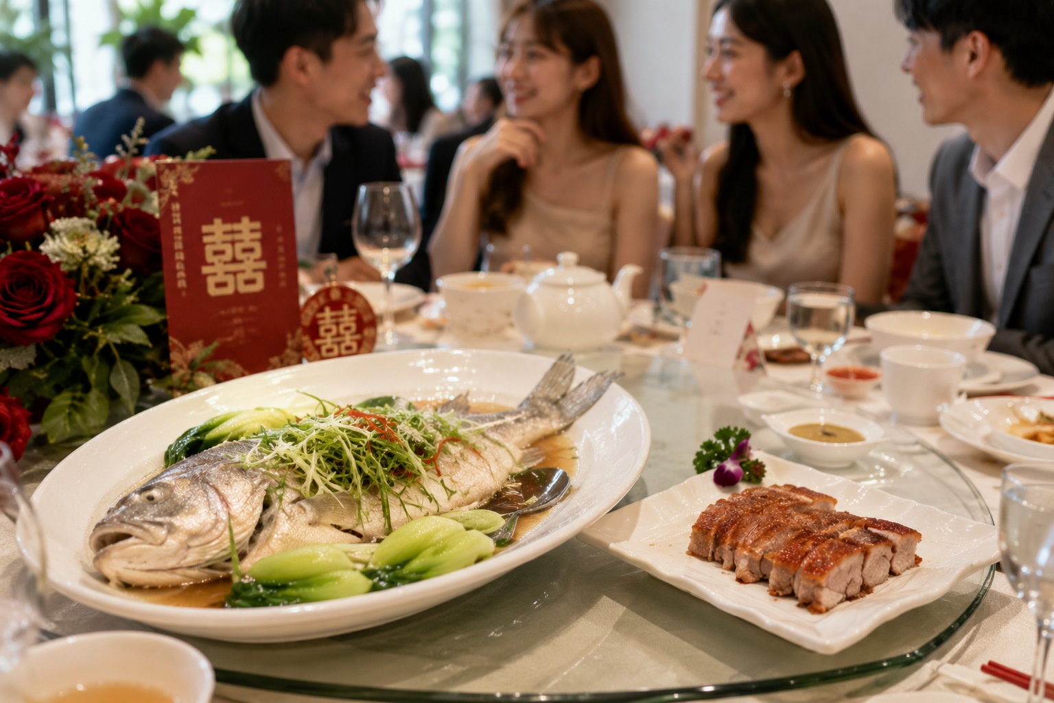 Modern Chinese wedding banquet table featuring a mix of traditional roasted meat and lighter, healthier dishes like steamed fish and vegetables.
