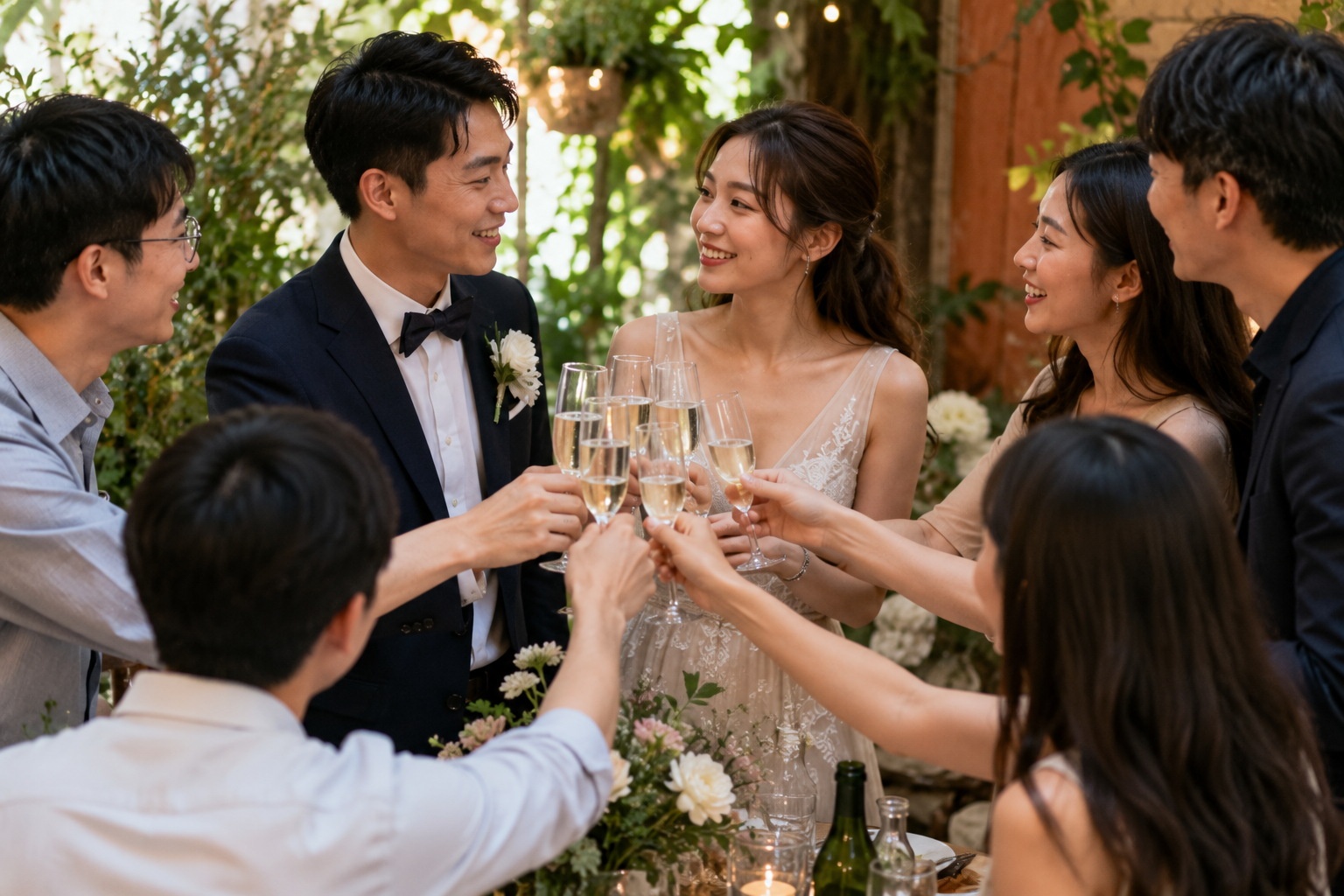 Intimate modern Chinese wedding celebration with a small group of friends, reflecting the shift away from large traditional banquets.