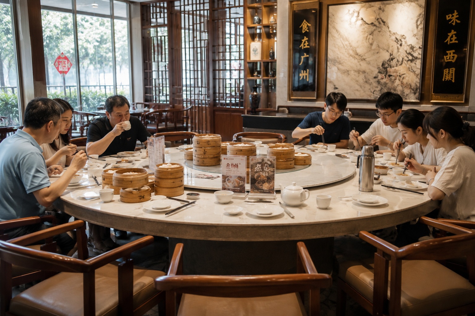 Diners sharing a large round table in a busy Cantonese tea house, illustrating the common practice of shared seating during peak hours.