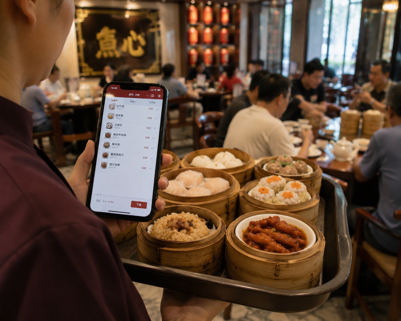 A restaurant staff member using a smartphone to manage orders while serving traditional dim sum dishes in a Chinese tea house.