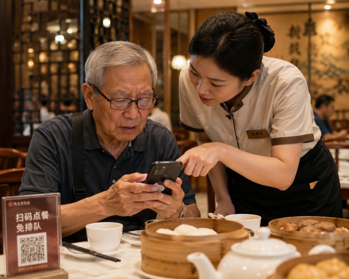 A restaurant staff member assisting an elderly customer with using a smartphone for digital ordering in a Chinese tea house.