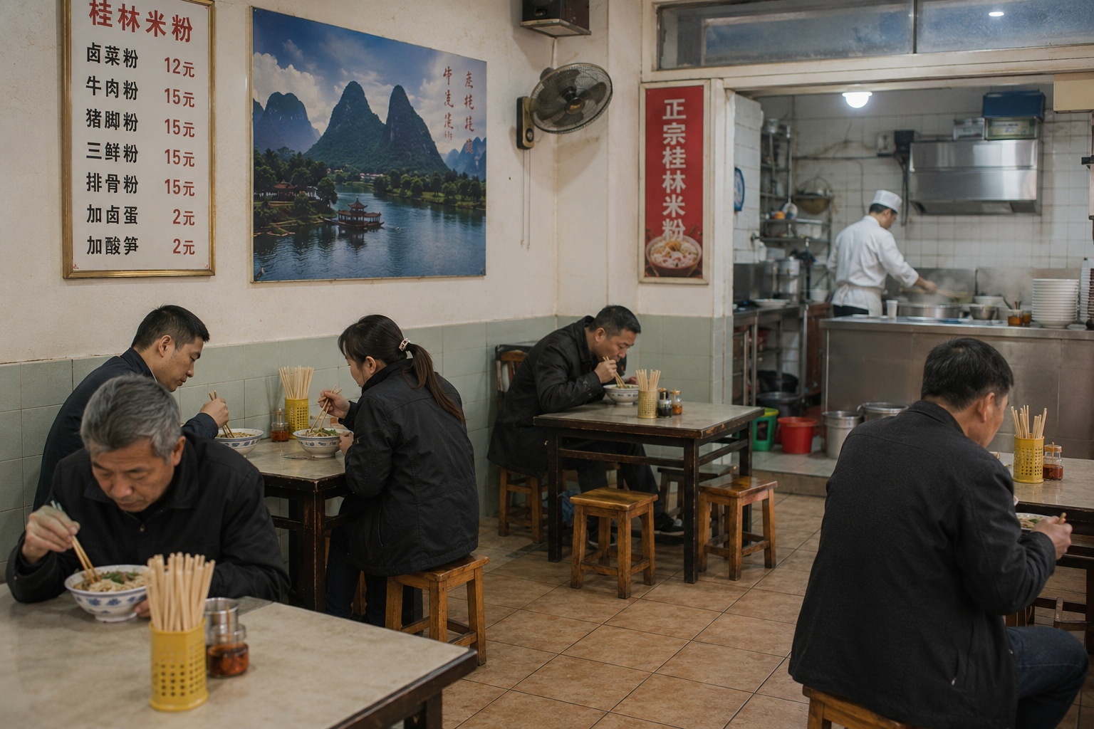 Locals eating Guilin rice noodles in a traditional, no-frills local restaurant
