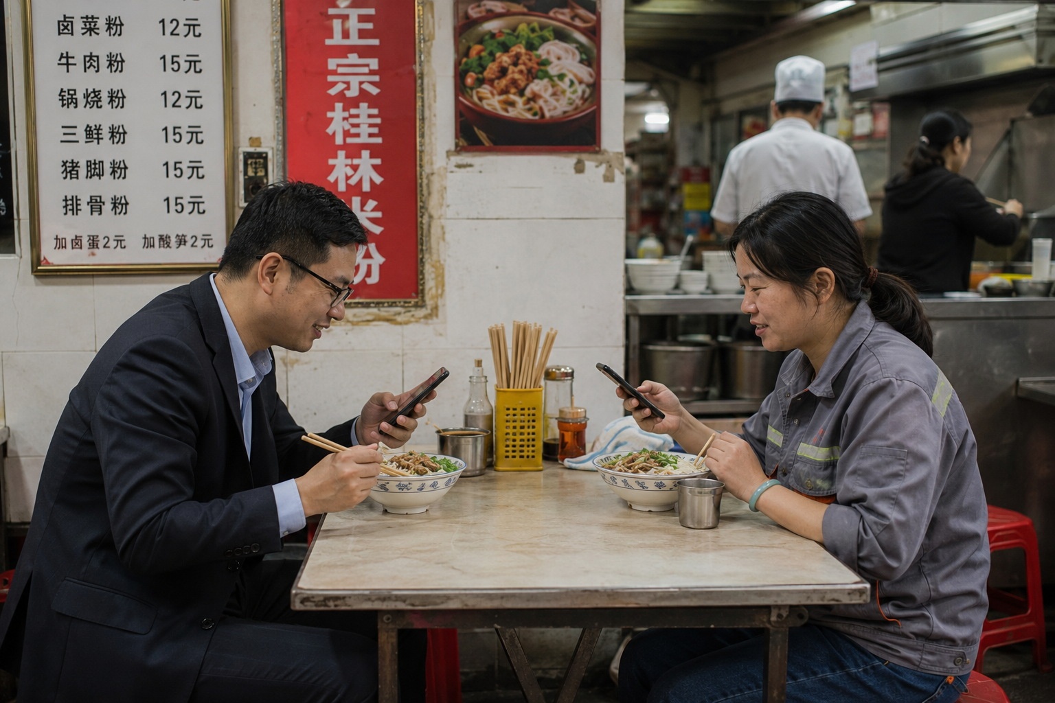 Two people from different walks of life sharing a meal of Guilin rice noodles
