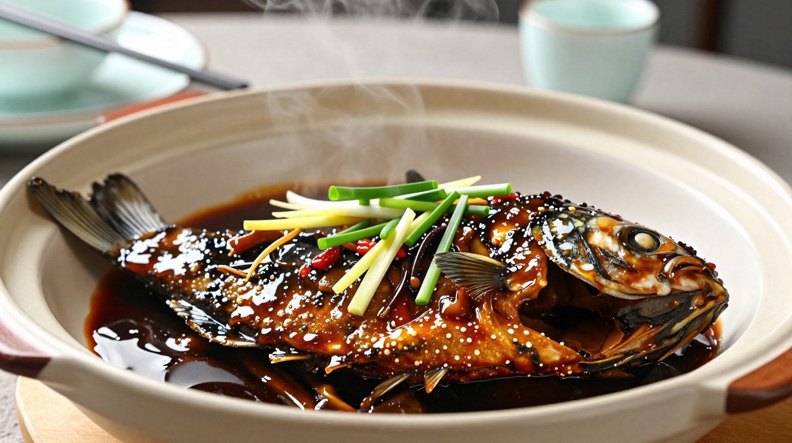 A close-up of traditional Hui cuisine Stinky Mandarin Fish served in a ceramic bowl, showing the glossy soy-braised texture and steam rising from the dish.
