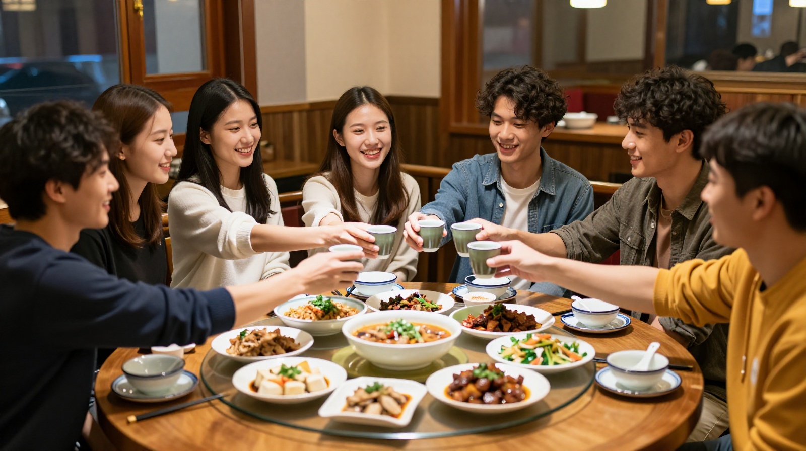 A group of young friends enjoying a meal together at a Hui cuisine restaurant, sharing traditional dishes and laughter.