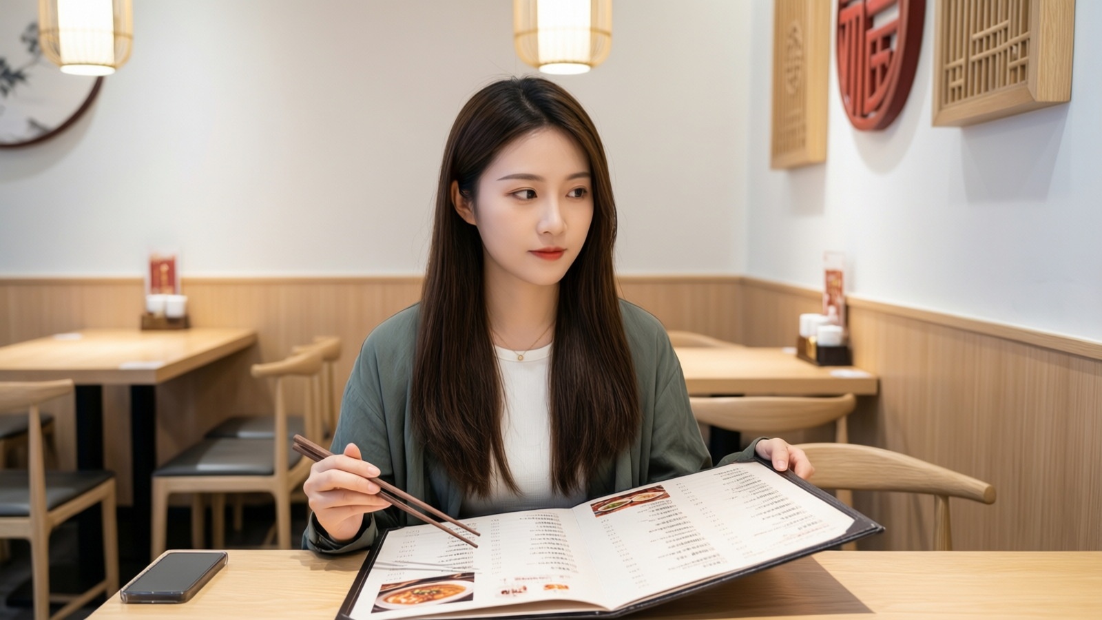 A young Chinese woman dining in a modern restaurant, reviewing the menu for traditional Hui cuisine options.