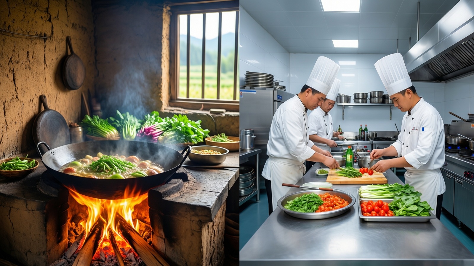 A visual comparison between traditional rural cooking in Anhui village and modern standardized kitchen preparation for urban restaurants.