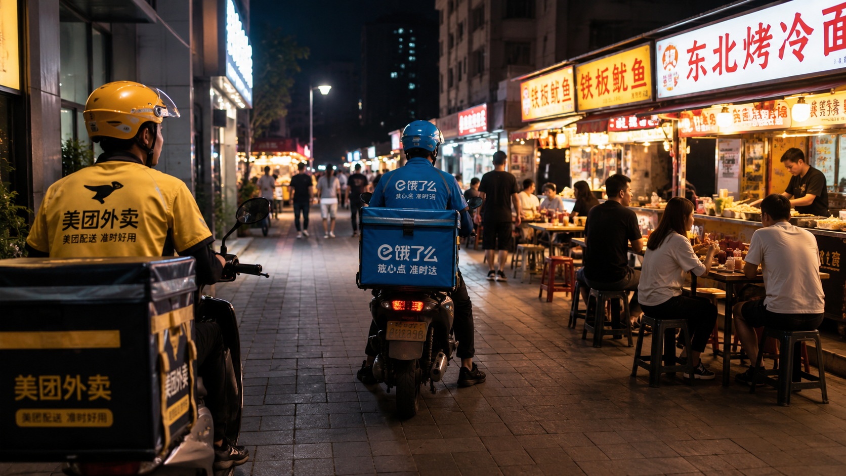Busy night market with food delivery riders in China