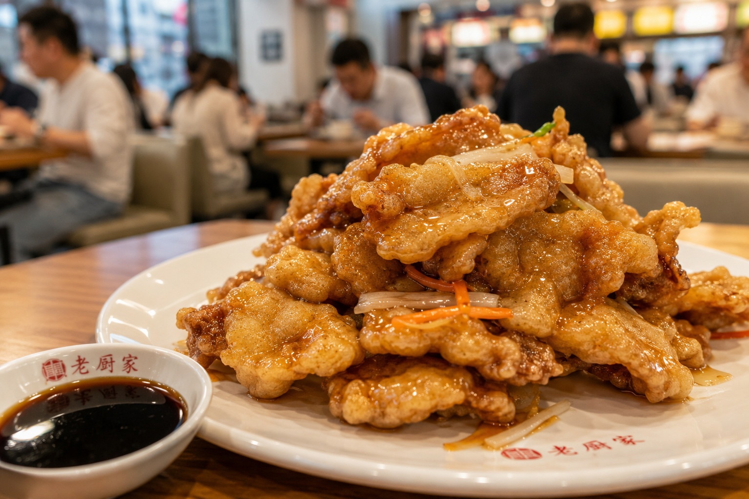 A plate of crispy Northeast Chinese pot-roasted pork (guobaorou) served with a side of vinegar dipping sauce in a casual restaurant setting.