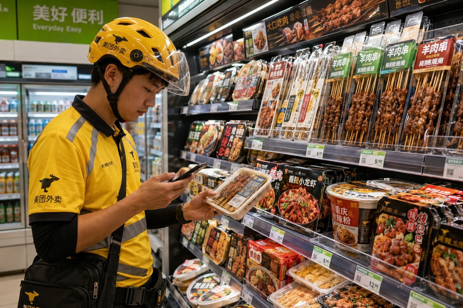 A young urban worker browsing packaged food options in a Chinese supermarket, reflecting the convenience culture in modern cities.