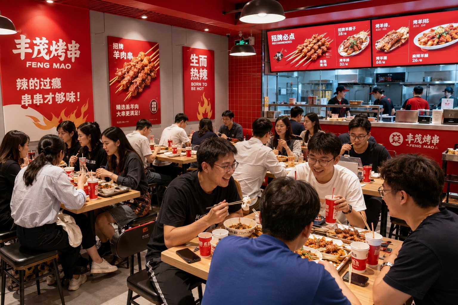 Customers enjoying a meal at a modern, clean Chinese restaurant chain that serves regional specialties like lamb skewers.