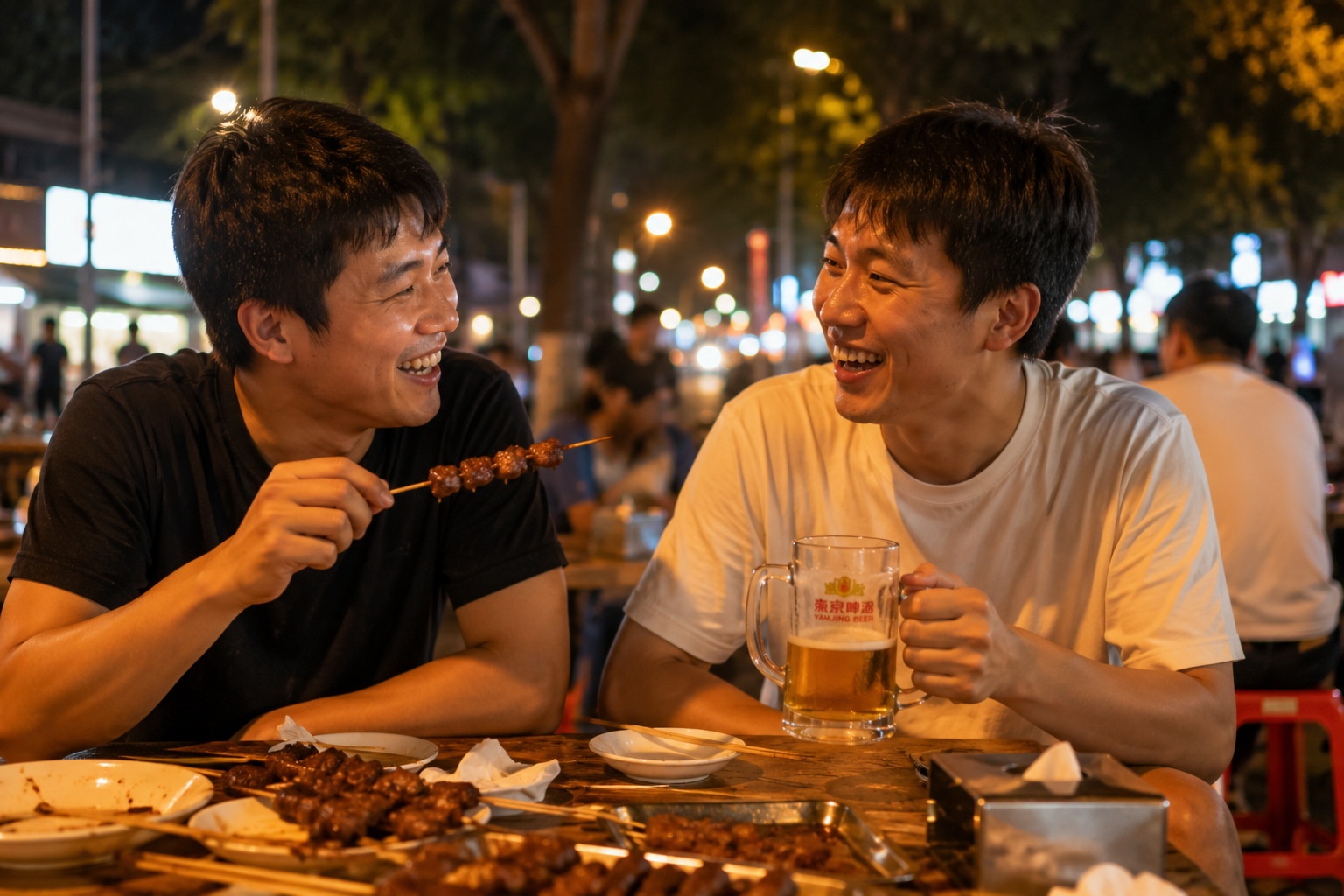 Friends sharing grilled lamb skewers and beer at a night street stall, enjoying a moment of relaxation and connection.