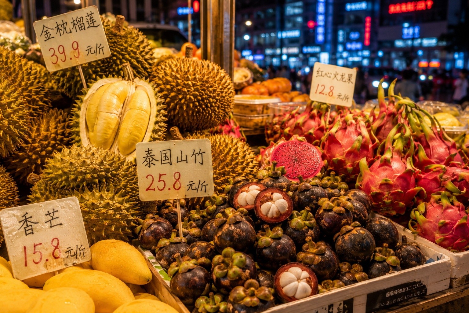 A variety of fresh exotic tropical fruits like durian and dragon fruit displayed at a Shenzhen night market stall under warm lighting